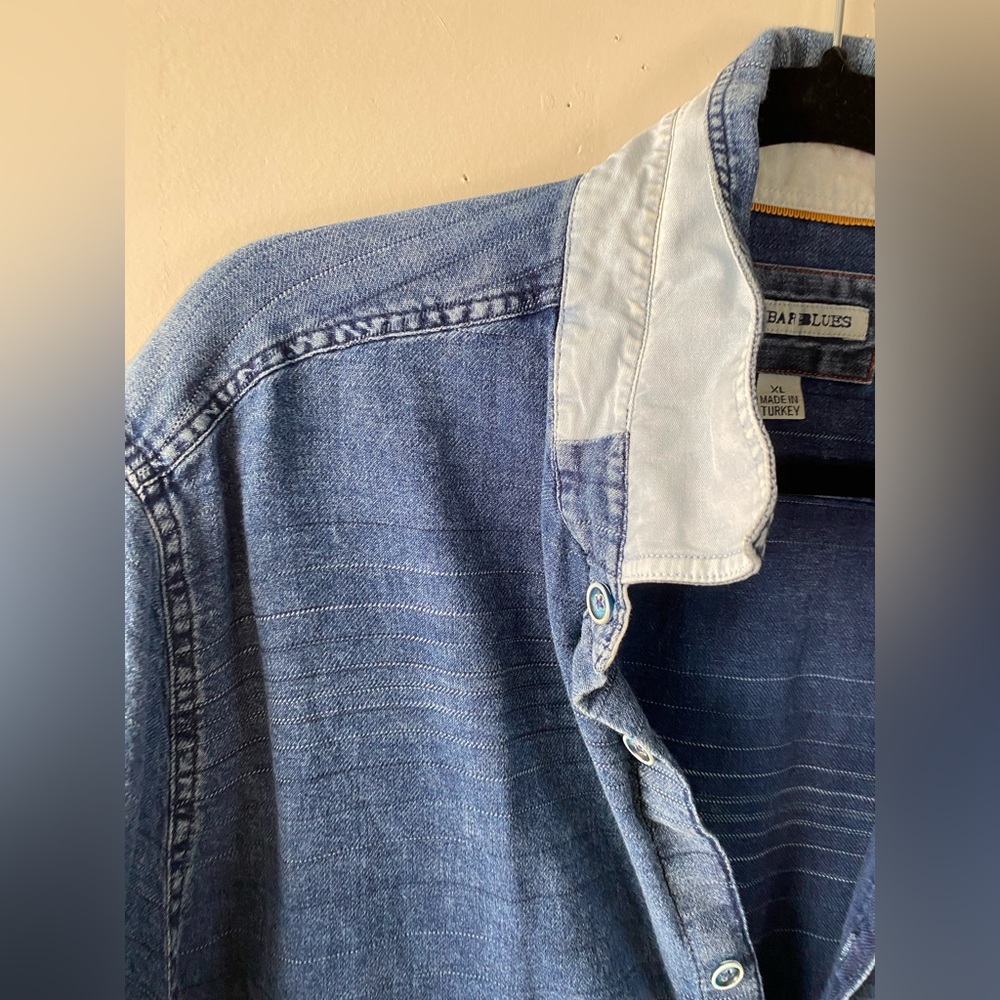 32 Bar Blues Mens Blue Chambray Striped Short Sleeve Button Down Shirt XL - Picture 7 of 9